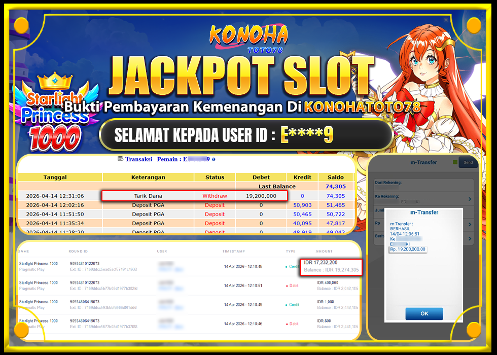 KONOHATOTO78 JACKPOT STARLIGHT PRINCESS 1000Rp19.200.000,LUNAS